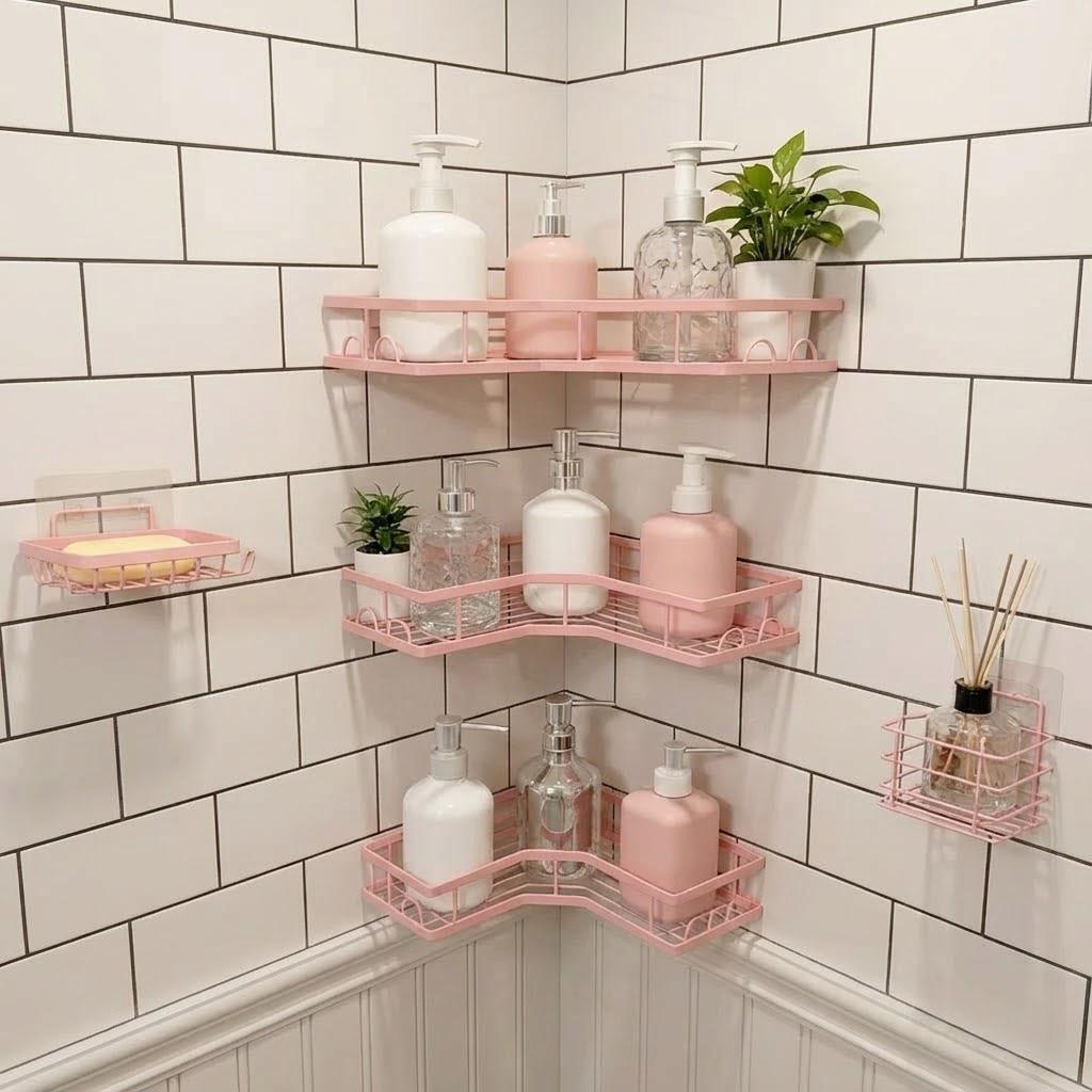 Home Essentials Bathroom Rack - مجموعة منظم دش وردي بتصميم بسيط