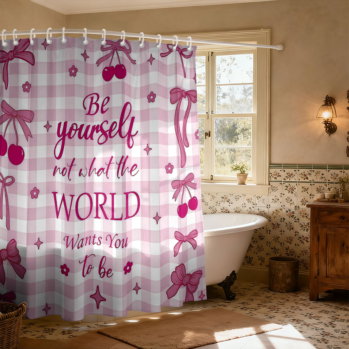 Home Bathroom Partition - ستارة حمام وردية مطبوعة بفيونكة، متوفرة