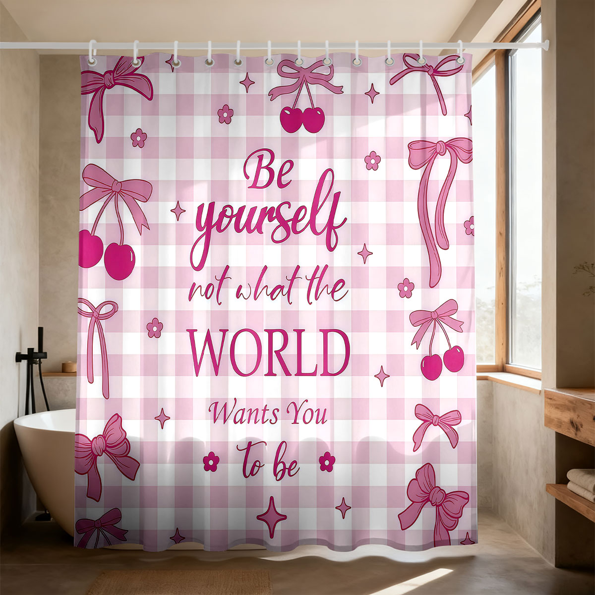 ستارة حمام وردية مطبوعة بفيونك - مراجعة Home Bathroom Partition وسعره