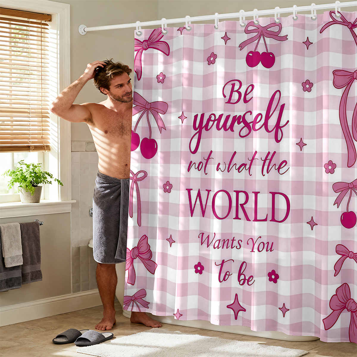 ستارة حمام وردية مطبوعة بفيونك - مراجعة Home Bathroom Partition وسعره