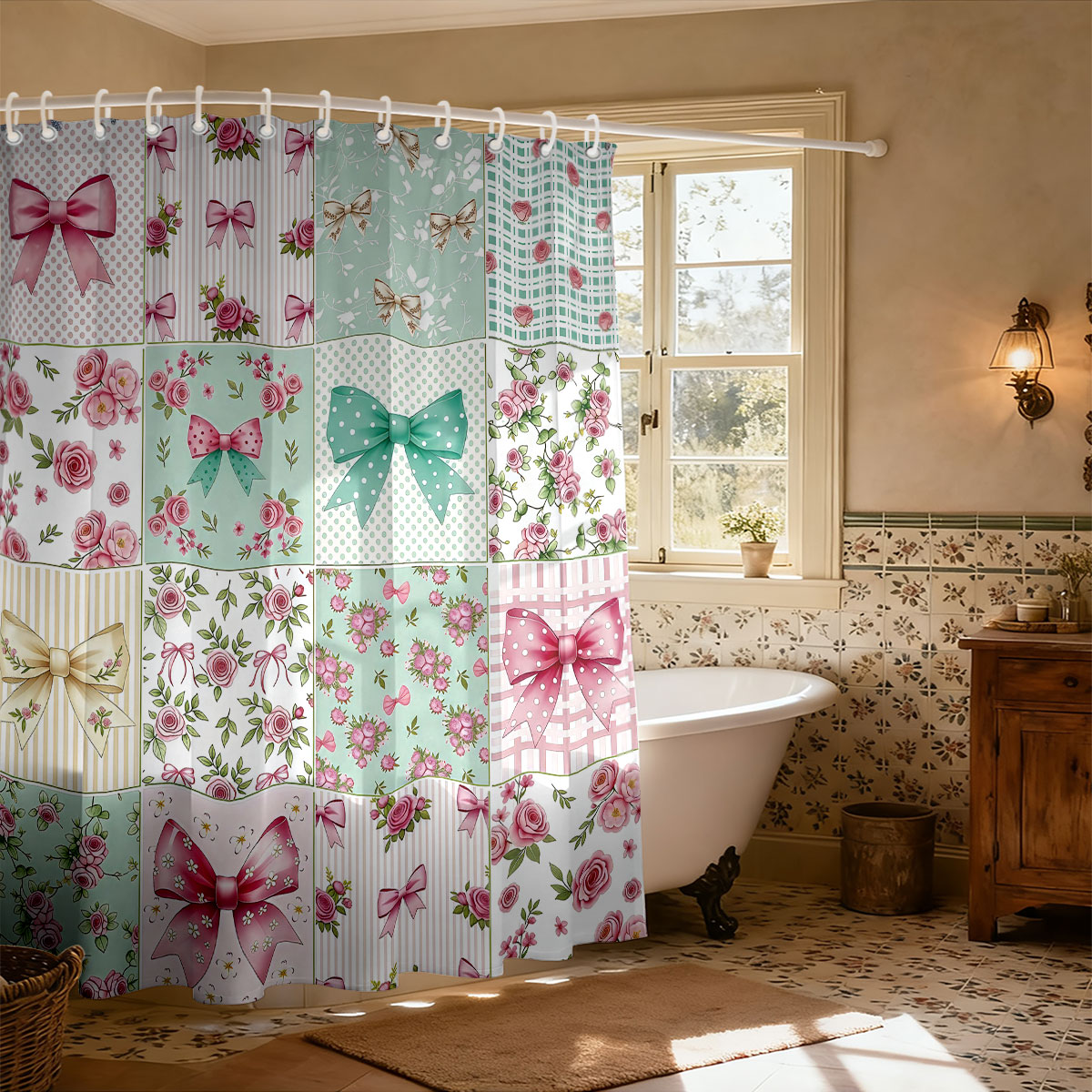 ستارة حمام وردية مطبوعة بفيونك - مراجعة Home Bathroom Partition وسعره