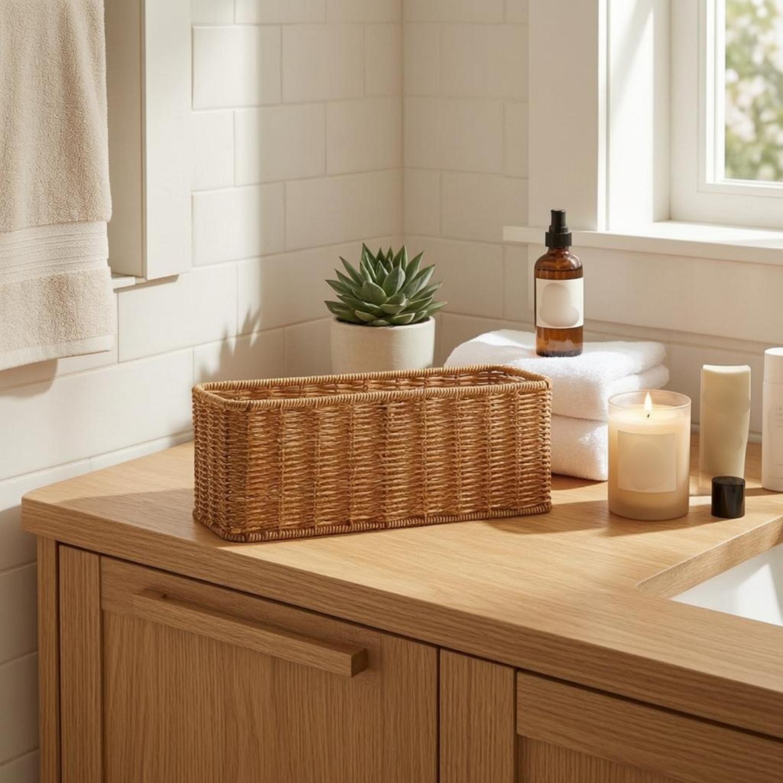 سلة تخزين بلاستيكية من الراتان - مراجعة Home Essentials Bathroom Accessories وسعره